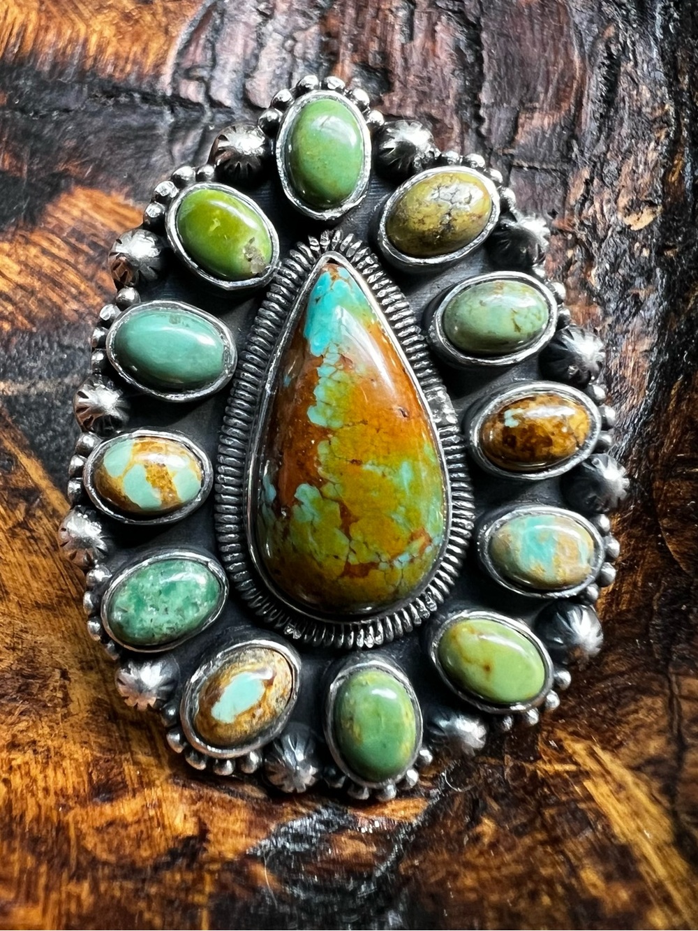 Sterling Silver Kingman Turquoise Cluster Ring Size 8.25 Statement